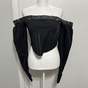 Maniere De Voir Corset Top Womens 14 Black Off Shoulder Zip Long Sleeve Bardot